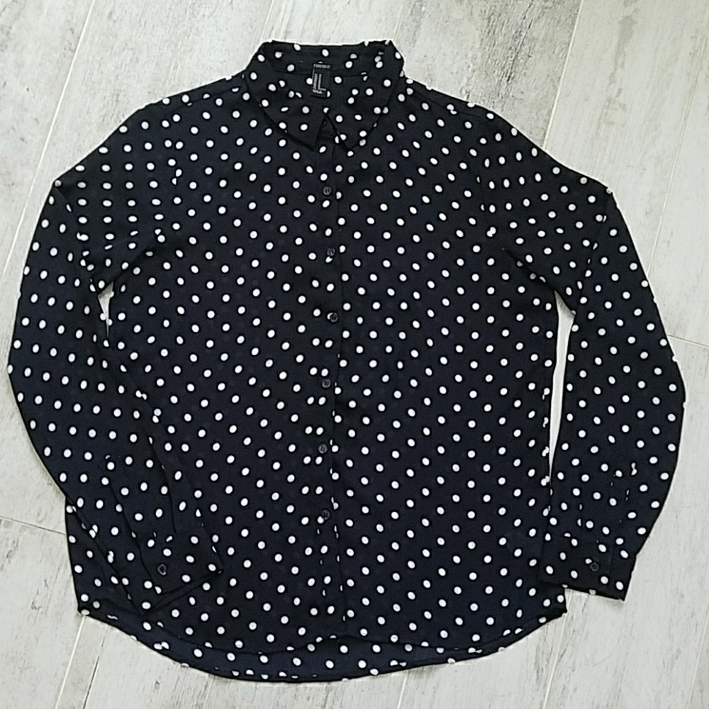 Navy and white long sleeved polka dot blouse